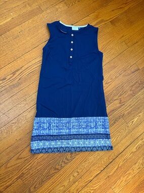 Talbots Navy Sleeveless Shift Dress with Blue Printed Hem